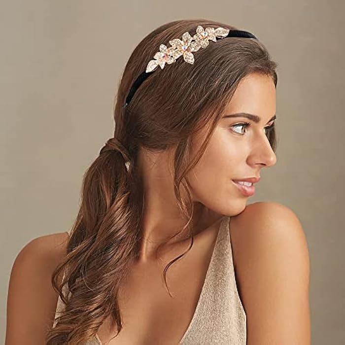 Azonee 2 Pack Women Hairbands Crystal Rhinestone Headbands Fashion Non-Slip Hairpiece Elastic Hair Hoop Hair Jewelry Accessories Jeweled Headwear Embellished Hair Wrap Flower Hair Decoration - Image 3
